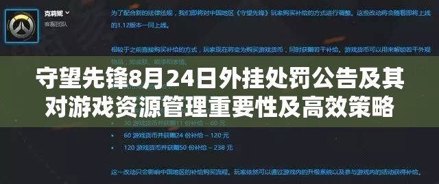 守望先锋8月24日外挂处罚公告及其对游戏资源管理重要性及高效策略的影响
