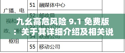 九幺高危风险 9.1 免费版：关于其详细介绍及相关说明