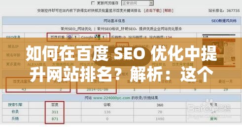 如何在百度 SEO 优化中提升网站排名？解析：这个没有出现与 SEO 相关的字眼，但包含了核心关键词百度 SEO 优化，同时通过提问的形式吸引用户，有利于提升网站的点击率和排名